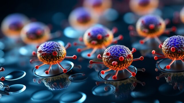 Colorful 3d model showing a pathogenic virus at varying magnifications for in depth analysis