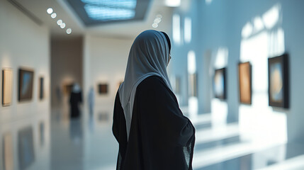 Emirati Woman in Traditional Attire at Art Center: Hyper-Realistic Cinematograph Style