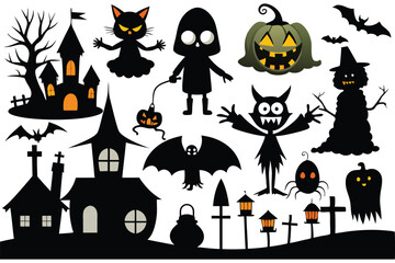 Fototapeta premium Halloween silhouette collection on a white background.