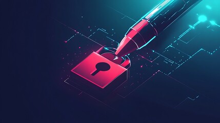 Naklejka premium A glowing red padlock being pierced by a glowing blue digital arrow