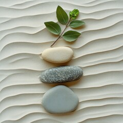 Fototapeta premium Tranquil Scene with Sage Twig and Smooth Pebbles on Sand