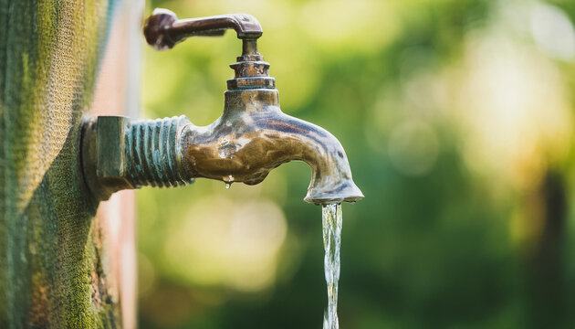 Vintage metal tap with running clear water in garden. Old faucet. Natural backdrop.