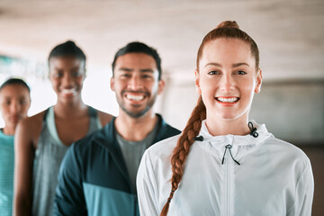 Obraz premium Happy, fitness and portrait of group of people in city for workout, wellness gym and training class. Smile, sports and team of athletes with confidence for exercise with health together in town.