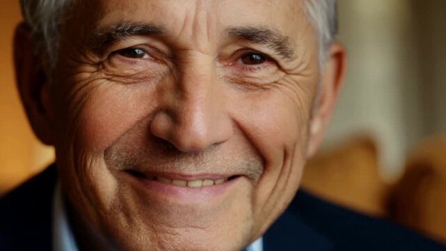Close-up headshot of a handsome senior man, smiling at the camera with a joyful expression, reflecting on retirement and life changes, despite a serious undertone