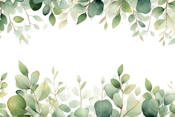 Watercolor eucalyptus leaves border with copy space.