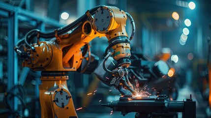 Fototapeta premium Industrial robotic arm welding metal pipes in a factory setting during the day