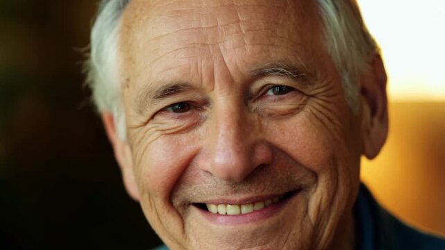 Close-up headshot of a senior man, blending a mix of happiness and contemplation with a serious expression, reflecting on retirement and change, as he looks at the camera with his wrinkled face