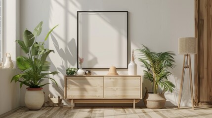 Chic Nordic decor with designed cabinet, photo frame, elegant accessories, and potted plants. Contemporary home design. Clean aesthetic.