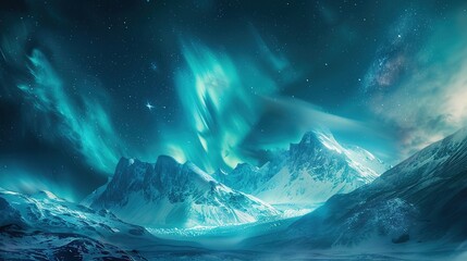 Fototapeta premium Northern lights dance over snow-covered mountains at twilight