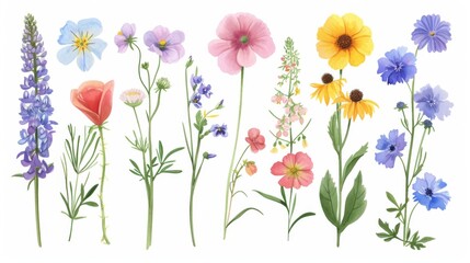 Set of various watercolor flowers