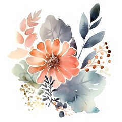 Watercolor illustration of a flower with leaves and berries in pink, orange, gray and gold.