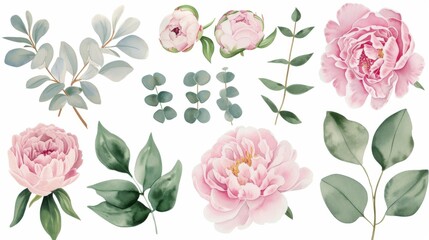 Set of watercolor elements featuring peonies and eucalyptus