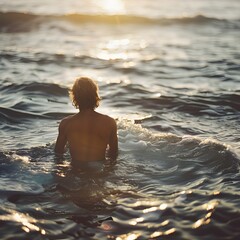 Fototapeta premium Illustration of A surfer sitting on their board in the ocean, eyes closed, embracing the moment before riding the next wave. Ai Generate. 