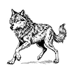 Running wolf in motion with detailed fur texture on a white background.