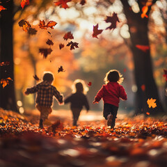 Children playing with fall leaves during autumn with fall foliage background. SPACE FOR TEXT 