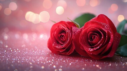 two red roses with dew drops lie on the surface with a blurred pink background