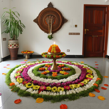 Decorative home with rangoli for onam festival