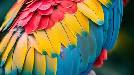 Fototapeta premium Bright top view displaying a varied and colorful pattern of feathers from exotic tropical birds