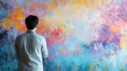 Obraz premium A person admires colorful abstract art on a wall, reflecting creativity and inspiration in a vibrant artistic environment.