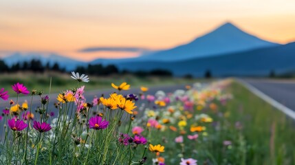 Obraz premium A vibrant field of wildflowers alongside a scenic road, set against a majestic mountain and a serene sunset sky.
