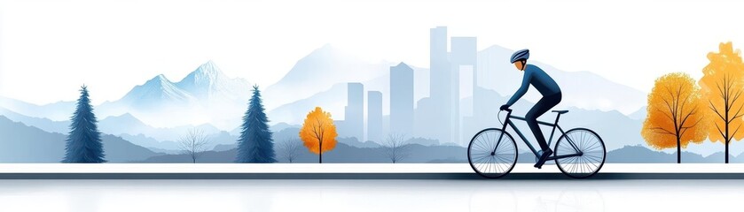 Fototapeta premium A serene cyclist rides through a tranquil landscape with mountains and autumn trees, showcasing a blend of nature and urban life.