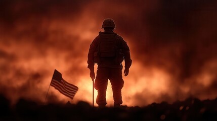 A silhouetted soldier stands against a fiery backdrop, holding an American flag, symbolizing courage and sacrifice.
