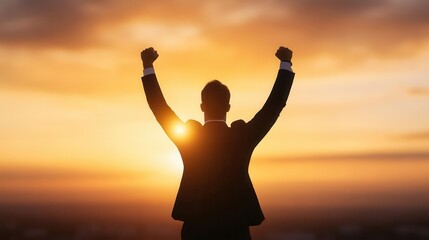 A triumphant businessperson celebrating success against a beautiful sunset backdrop, symbolizing achievement and inspiration.