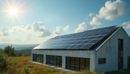 Modern Home with Solar Panels - Sustainable Green Living, Zero Energy House, Renewable Energy