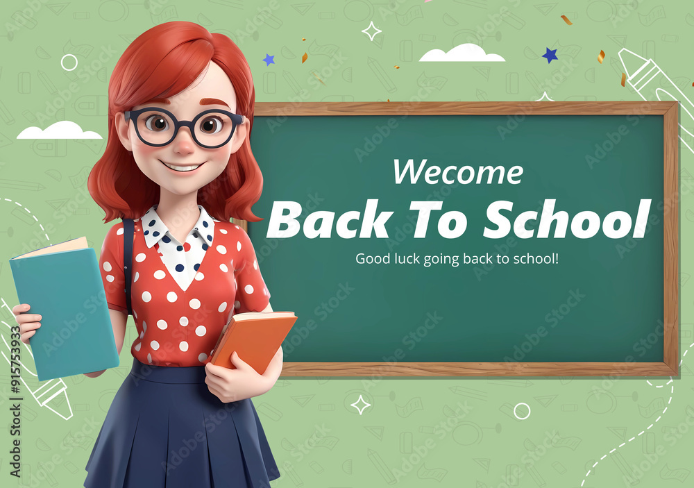 Wall mural welcome back to school background with 3d girl cartoon character wearing glasses and holding books