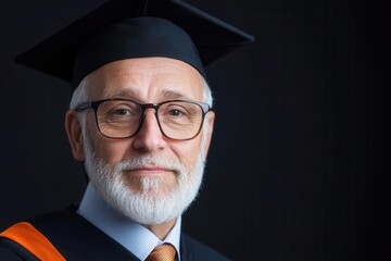 Portrait of an elderly graduate wearing a cap and gown, showcasing wisdom and achievement against a dark background.