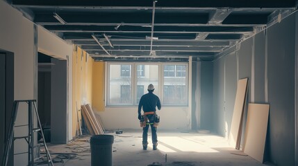 Construction worker overseeing renovation progress in a bright, modern room during daylight hours