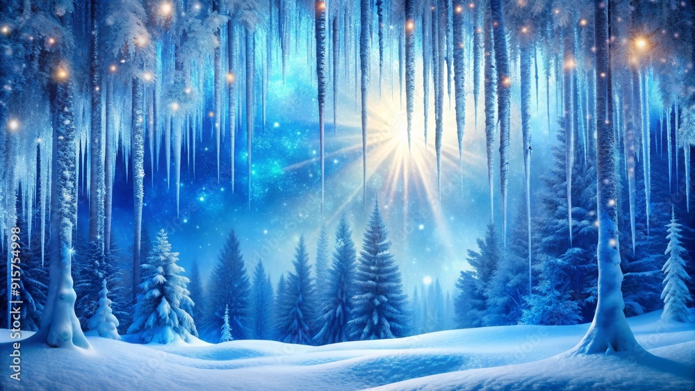 Poster A breathtaking winter scene featuring a snowy forest with sparkling icicles, a warm sunbeam breaking through the trees, and a starry sky. This image evokes a sense of peace, tranquility, and magical w