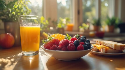 A bright breakfast scene featuring fresh fruits, juice, and toast on a wooden table.