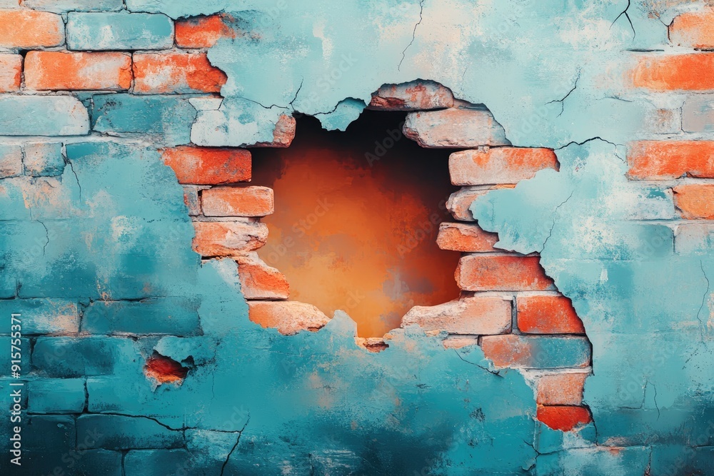 Canvas Prints A Hole in a Blue and Orange Brick Wall