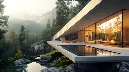 Modern Concrete House with Pool Overlooking Mountainous Landscape