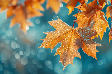 Fototapeta premium Close-up of vibrant autumn leaves covered in sparkling dewdrops, showcasing their rich orange and red hues against a soft, blurred background