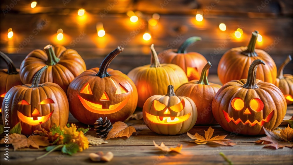 Poster A group of intricately carved jack-o'-lanterns with glowing faces,  arranged on a rustic wooden surface, with twinkling fairy lights creating a magical atmosphere.