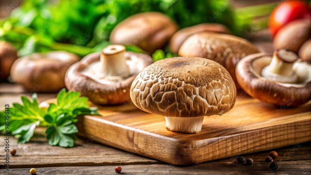 Wall mural A group of fresh Portobello mushrooms arranged on a rustic wooden cutting board, with green parsley sprigs adding a touch of color.  The mushrooms are a symbol of health, earthy flavors, and culinary 