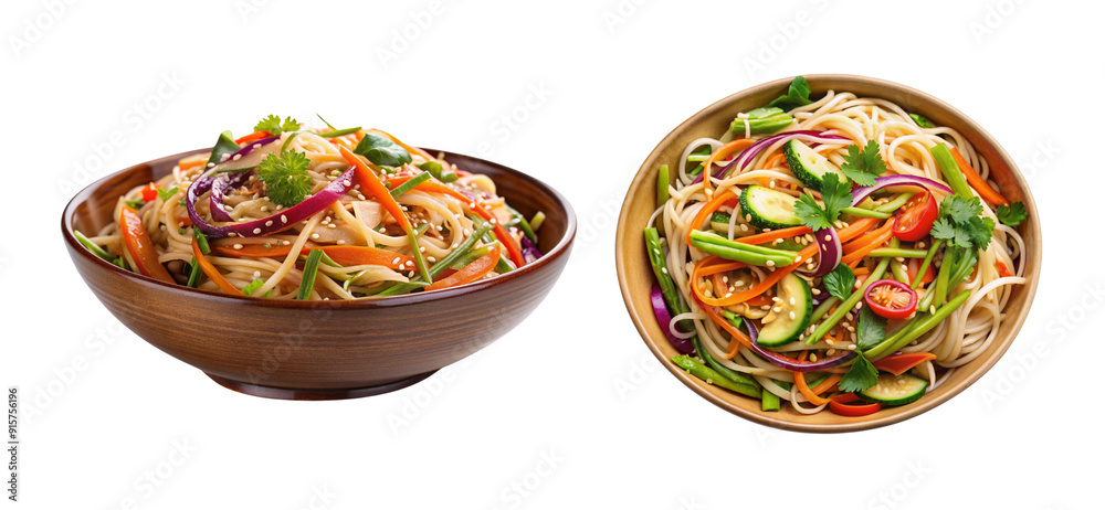 Wall mural bundle of bowls with asian noodle salad with sesam dressing and vegetables, side and top view, isola