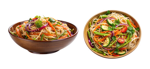 
Bundle of bowls with asian noodle salad with sesam dressing and vegetables, side and top view, isolated on a white background
