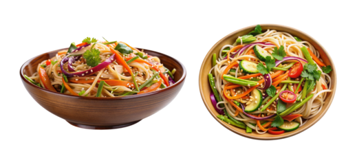 
Bundle of bowls with asian noodle salad with sesam dressing and vegetables, side and top view, isolated on a white background
