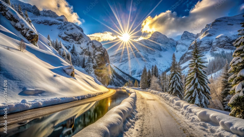 Poster A picturesque scene of a snowy mountain road, framed by towering snow-capped peaks, bathed in the warm glow of the winter sun, with a shimmering frozen river reflecting the stunning scenery.