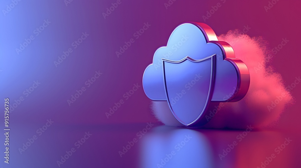 Poster 3d illustration of a cloud with a security shield, representing cloud computing and data protection 