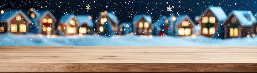 Fototapeta premium Wooden counter mockup set against a snowy Christmas village background with lit windows and festive decorations, editorial photography, empty space for text on side