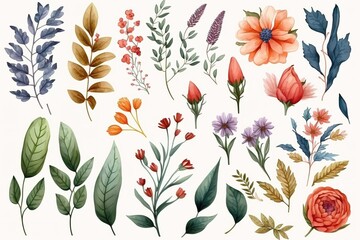 Watercolor floral set with various flower types and leaves.