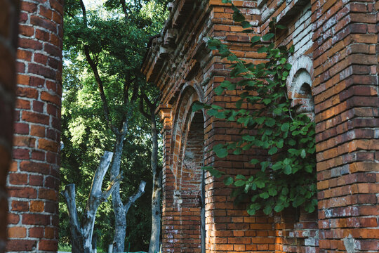 Columns. Vertical windows in an old brick building