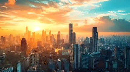 Fototapeta premium City Skyline with Golden Sunset and Clouds