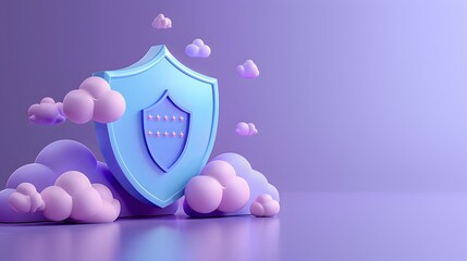 3D illustration of a shield surrounded by clouds, symbolizing cybersecurity and cloud security. Violet and blue tones enhance the modern look.