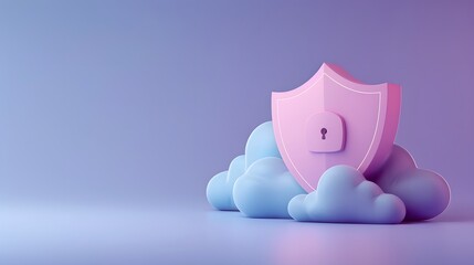 3D illustration of a shield with a keyhole over clouds, symbolizing cloud security and data protection in a digital landscape.