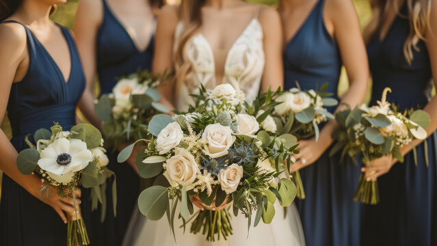 Bride with bridesmaids holding elegant floral bouquets in blue and white wedding theme